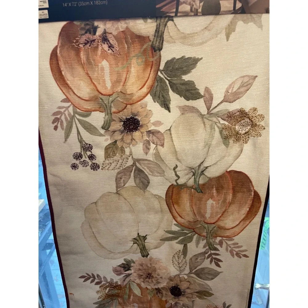 Rachel Zoe Fall Table Runner Pumpkin Floral 14 x 72 Thanksgiving‎ Decor
